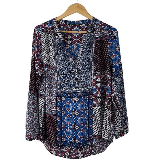 Zac & Rachel Popover Top Womens 1X Geometric Floral Boho Retro Hippie Roll Tab - Picture 1 of 7